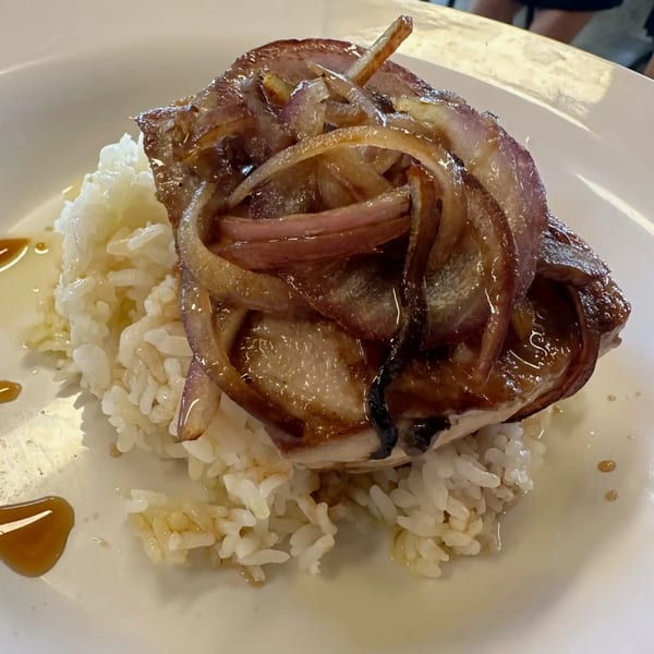 Hana Hou Restaurant's diner-style dish of meat topped with caramelized onions, served over white rice.