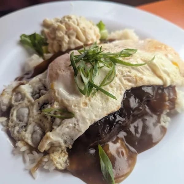 Hana Hou Restaurant's Loco Moco with rice, gravy, fried eggs, and macaroni salad.